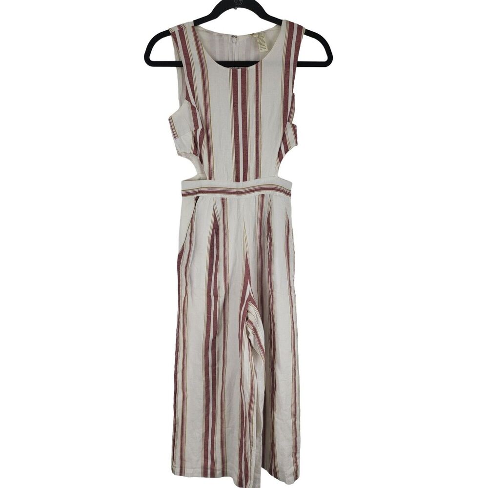 Japna Jumpsuit XS Womens Capri Linen Blend White Red Striped Sleeveless Cut Out
